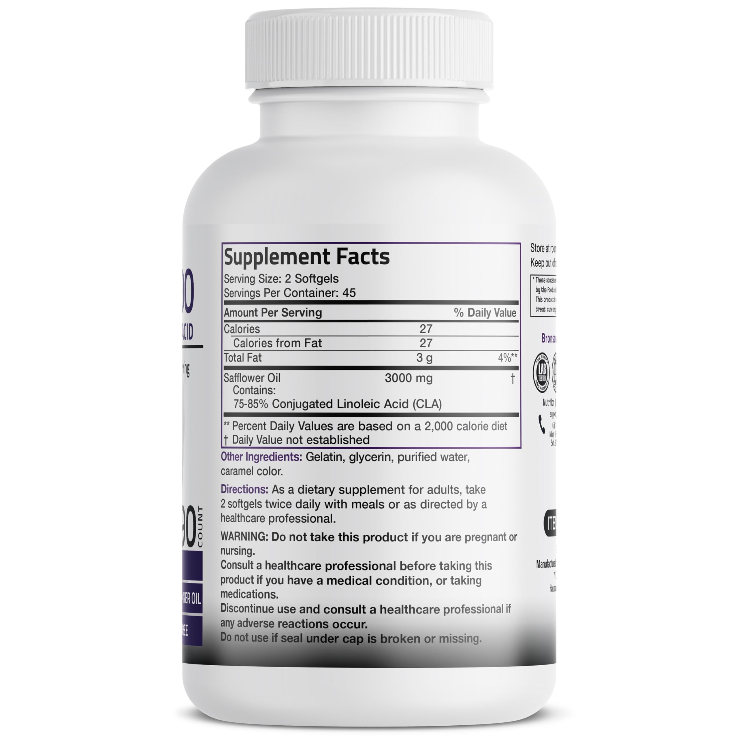 Closeup of Bronson CLA 3000 softgels for daily non-stimulating use.