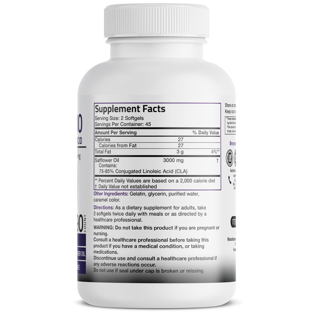 Closeup of Bronson CLA 3000 softgels for daily non-stimulating use.