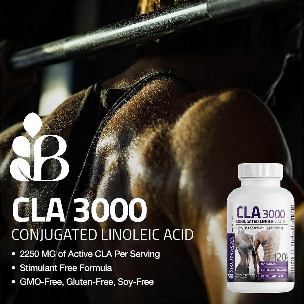 Bronson CLA 3000 softgels outside bottle; convenient daily supplement.