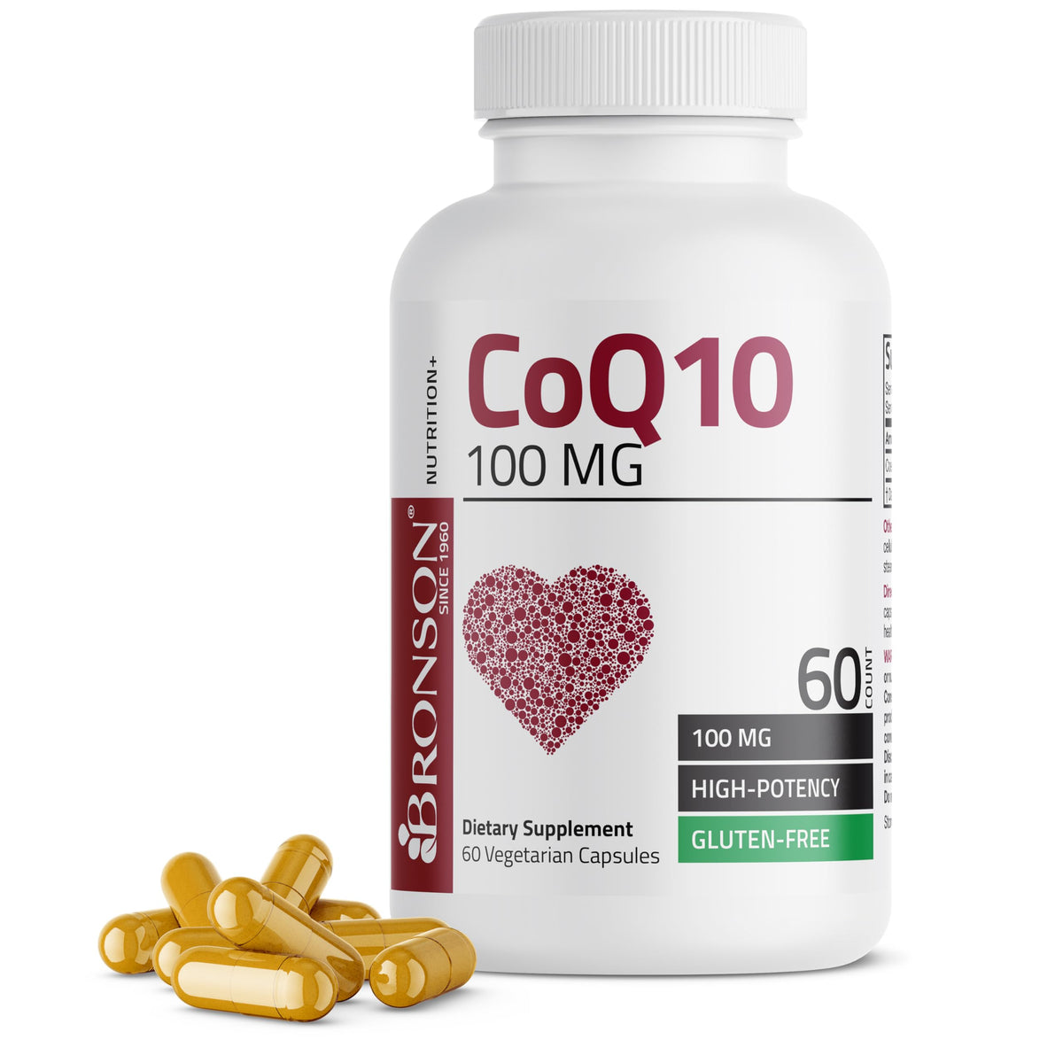 Bronson CoQ10 100 mg bottle close-up showing vegan capsules for daily energy support