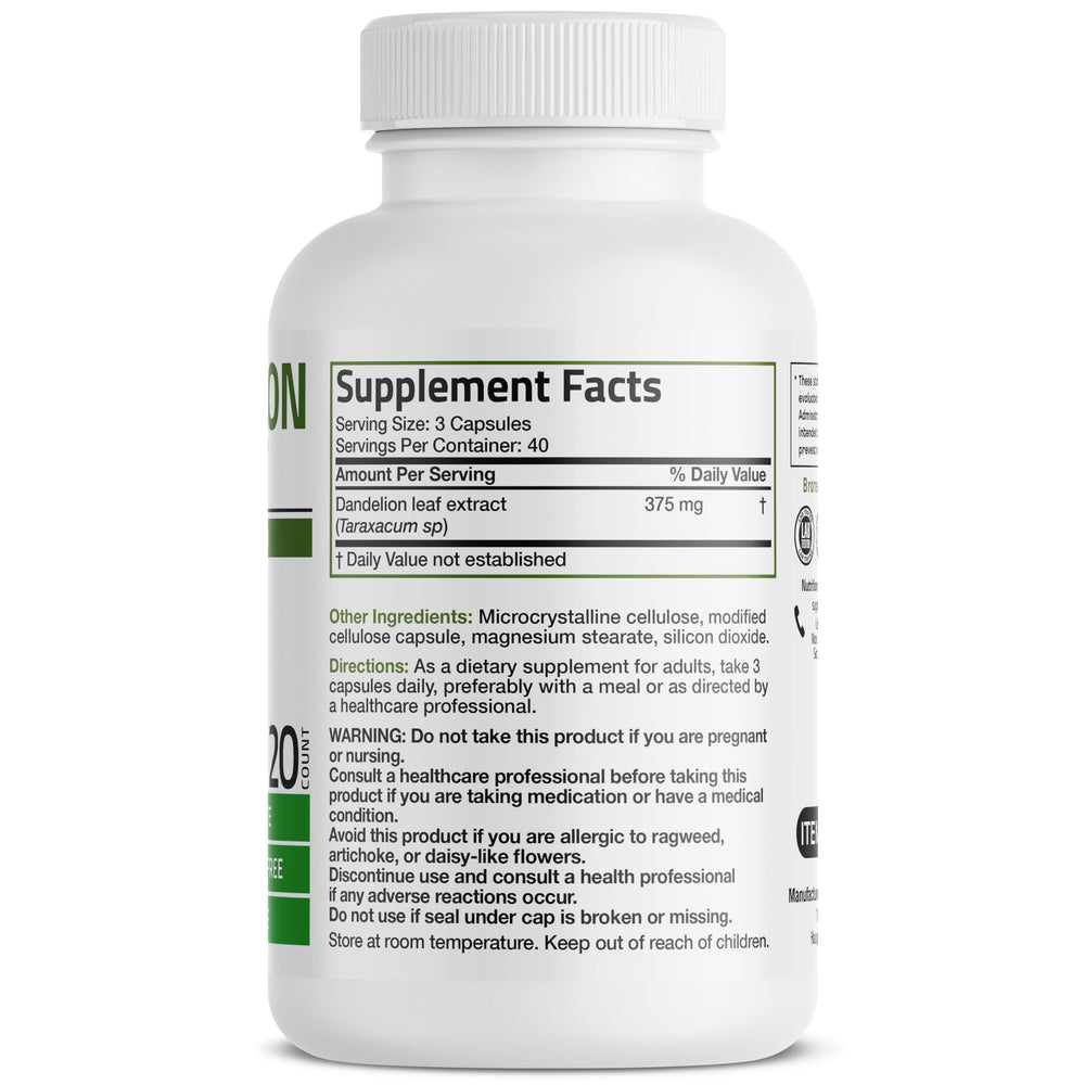 Bronson Dandelion Extract capsules highlighting vegan, non-GMO wellness
