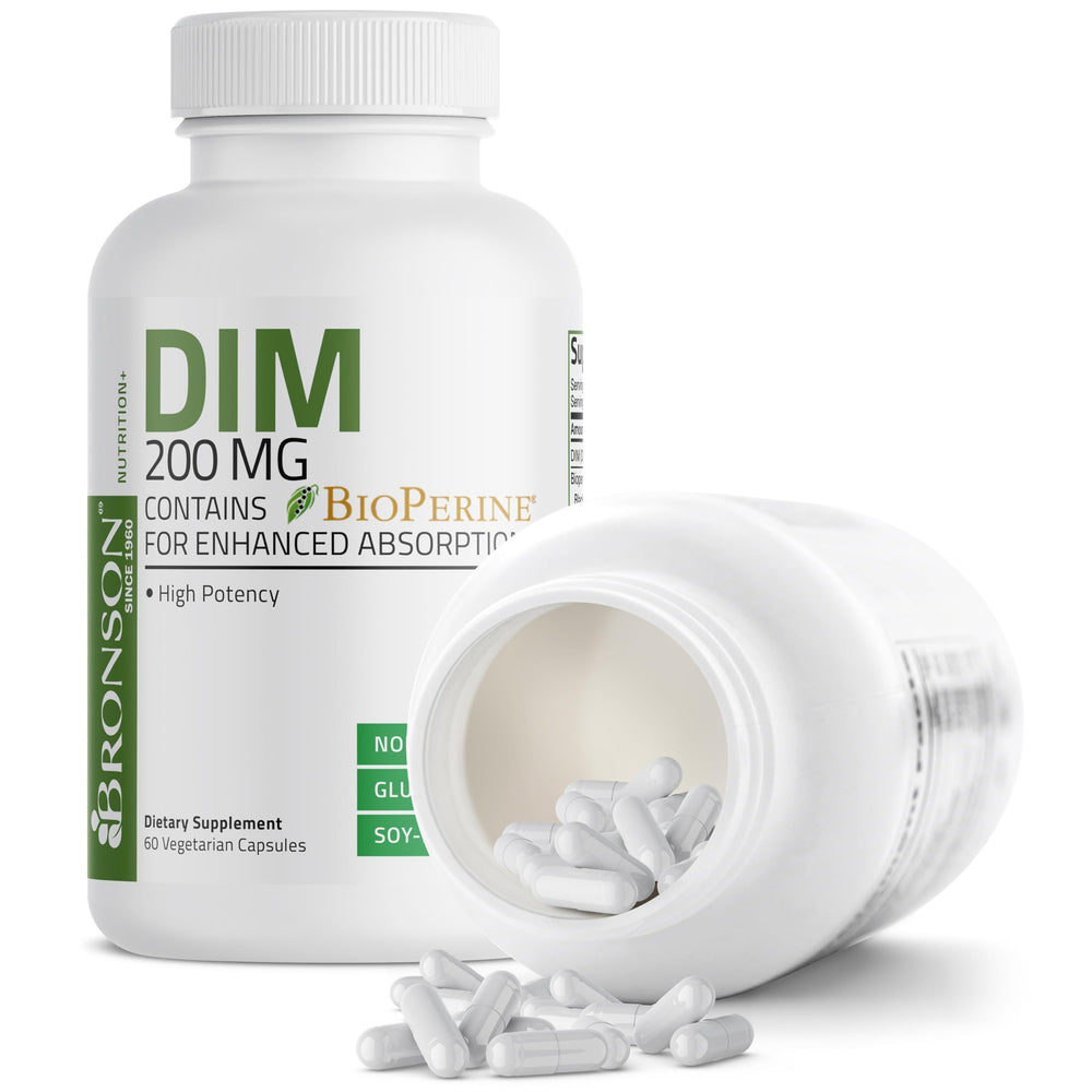 Bronson DIM 200mg with BioPerine note on packaging for enhanced absorption.