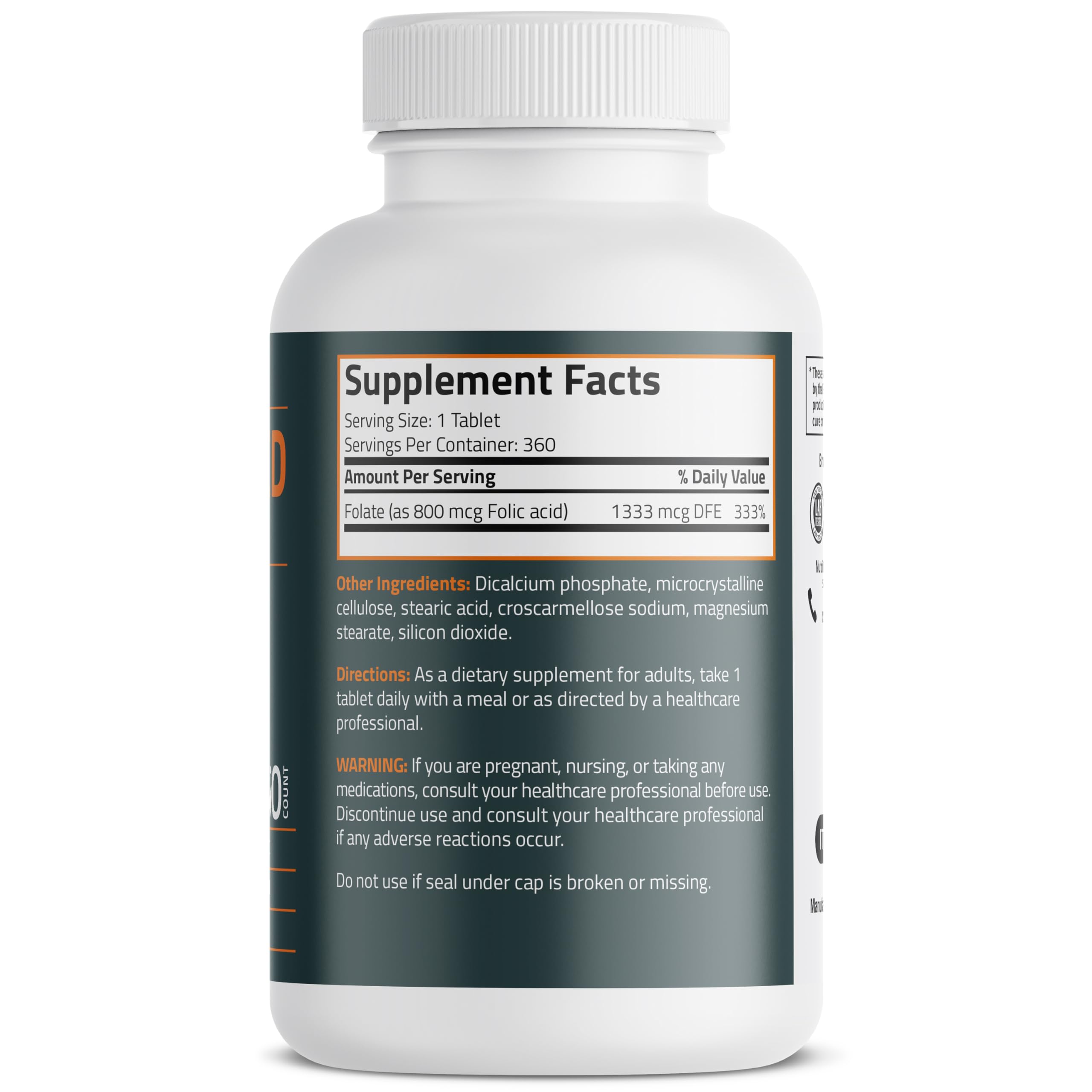 Bronson Folic Acid 800 MCG bottle front with label