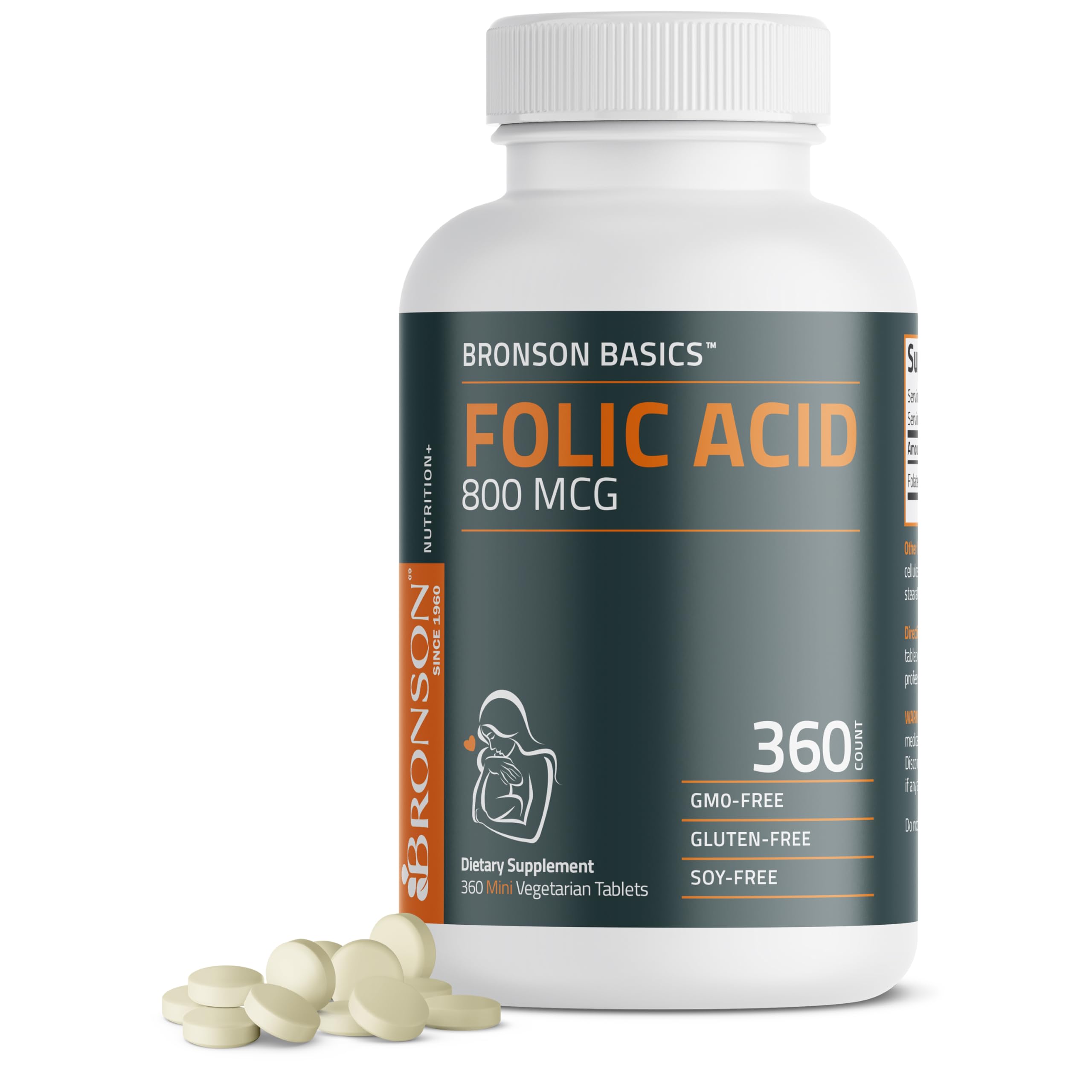 Bronson Folic Acid 800 MCG mini tablet for daily prenatal support