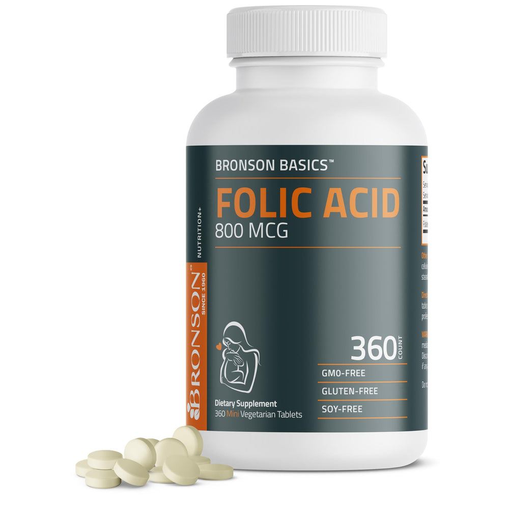 Bronson Folic Acid 800 MCG mini tablet for daily prenatal support