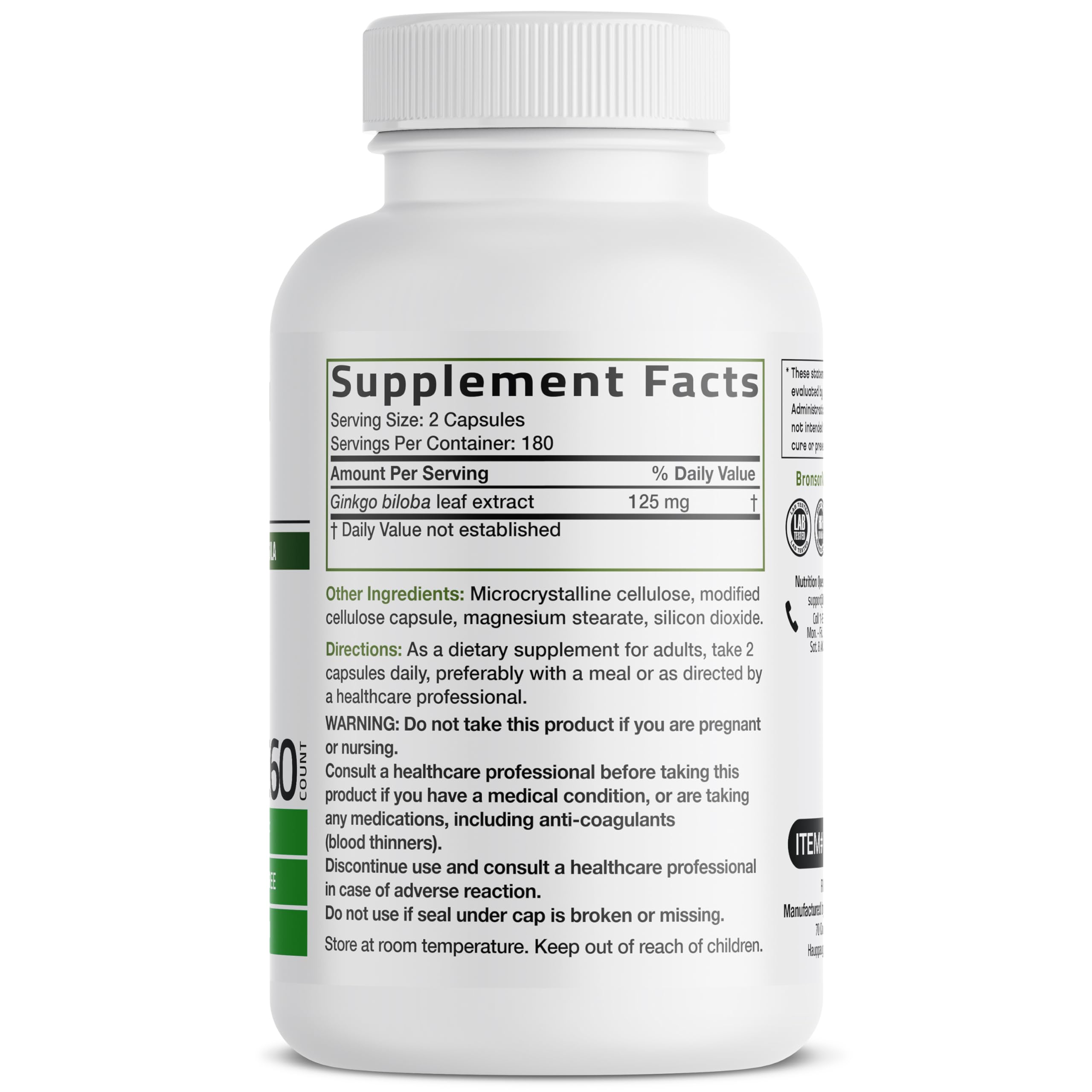 Bronson Ginkgo Biloba capsules closeup showing vegetarian capsules for focus.
