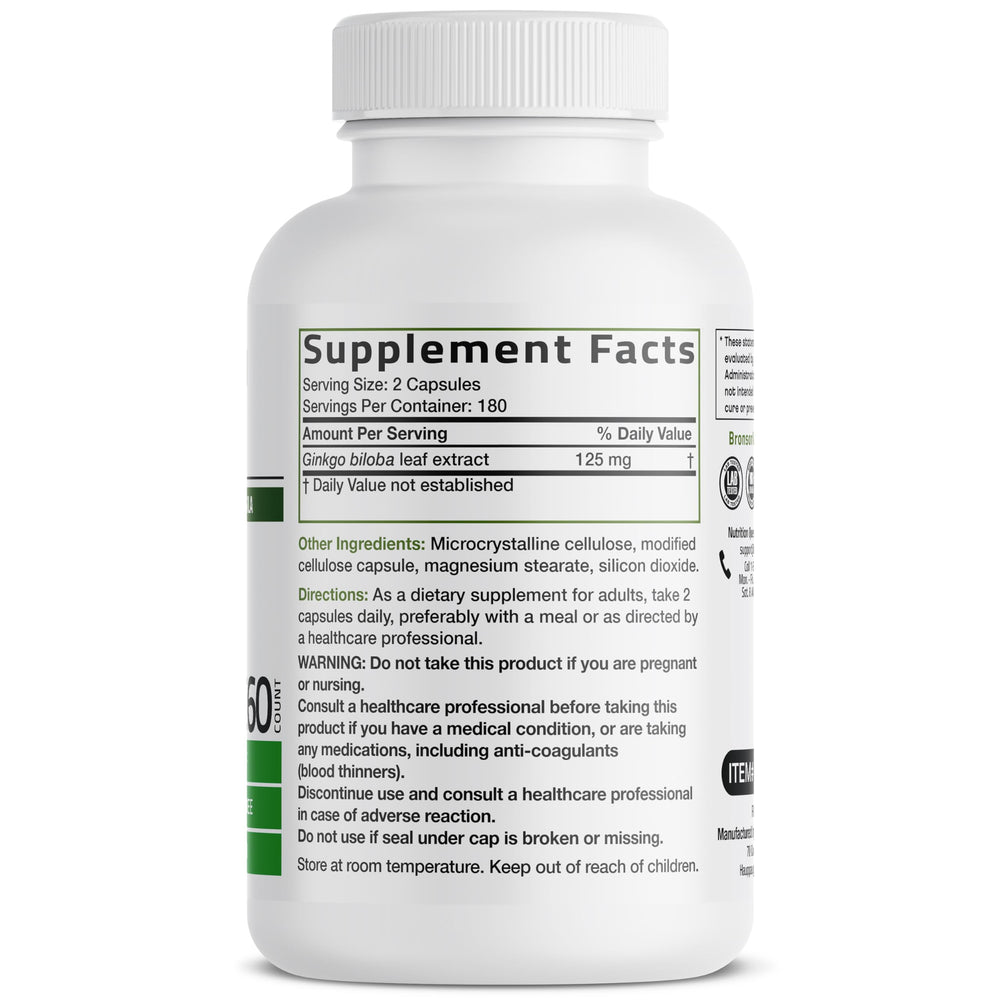 Bronson Ginkgo Biloba capsules closeup showing vegetarian capsules for focus.