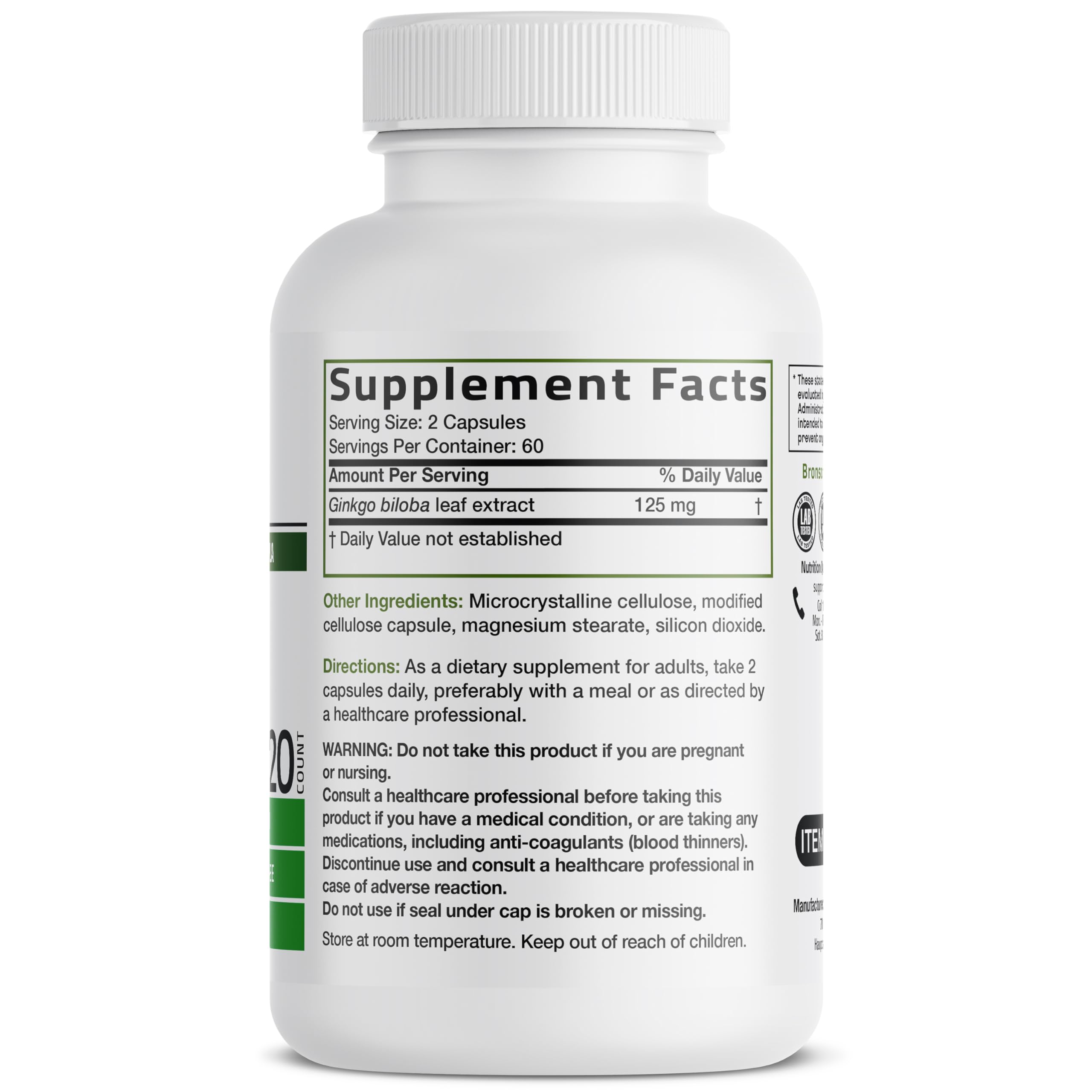 Bronson Ginkgo Biloba capsules closeup highlights vegetarian formulation for daily use.