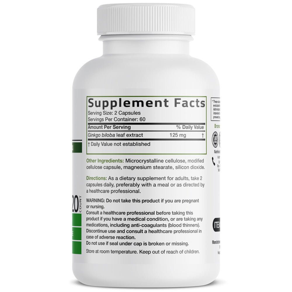 Bronson Ginkgo Biloba capsules closeup highlights vegetarian formulation for daily use.