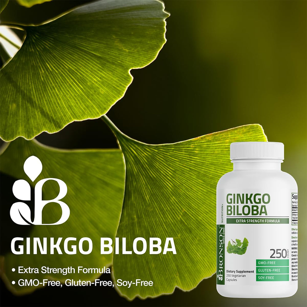 Bronson Ginkgo Biloba label detail notes GMO-free and gluten-free features.