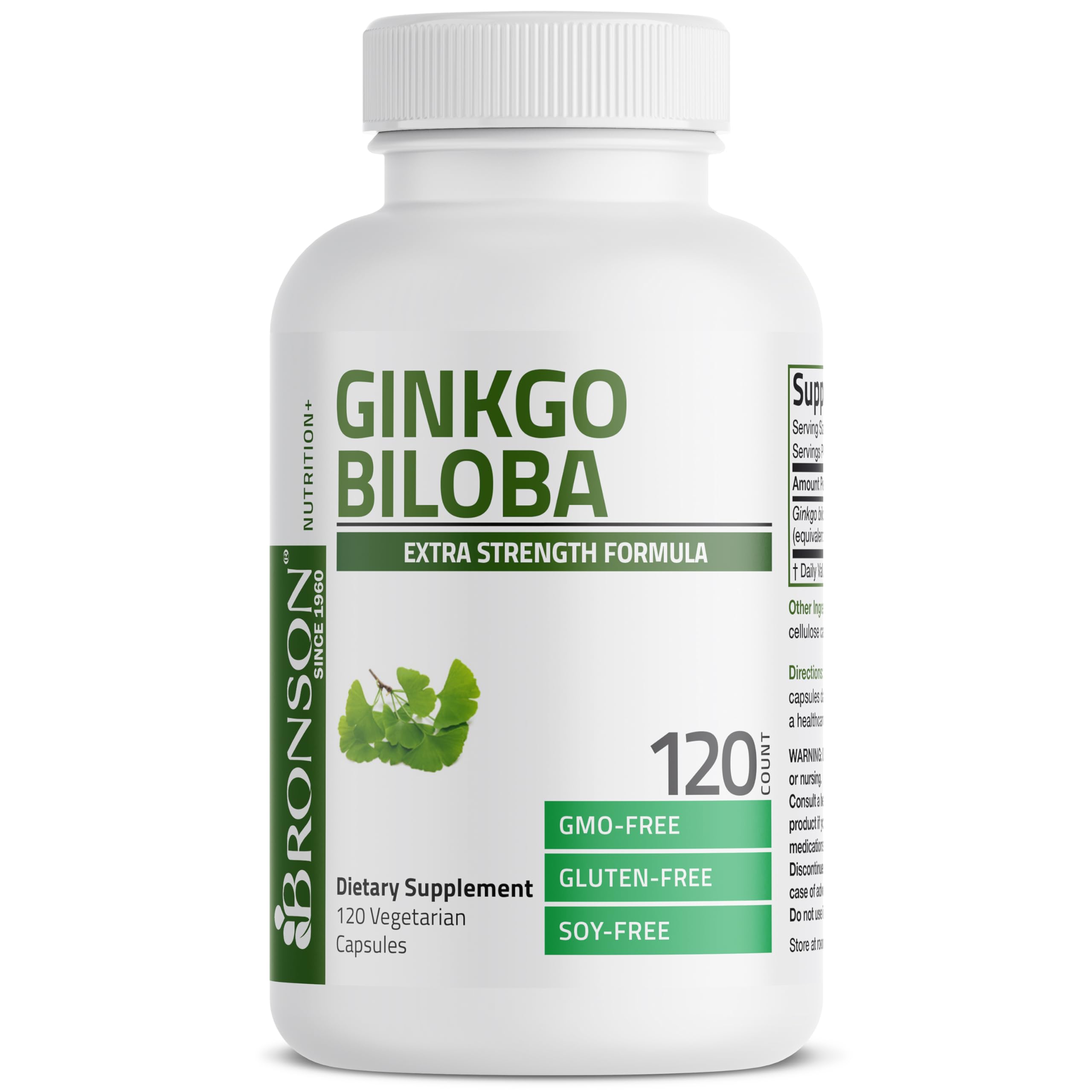 Bronson Ginkgo Biloba packaging shot highlights quick at-a-glance dosing and info.