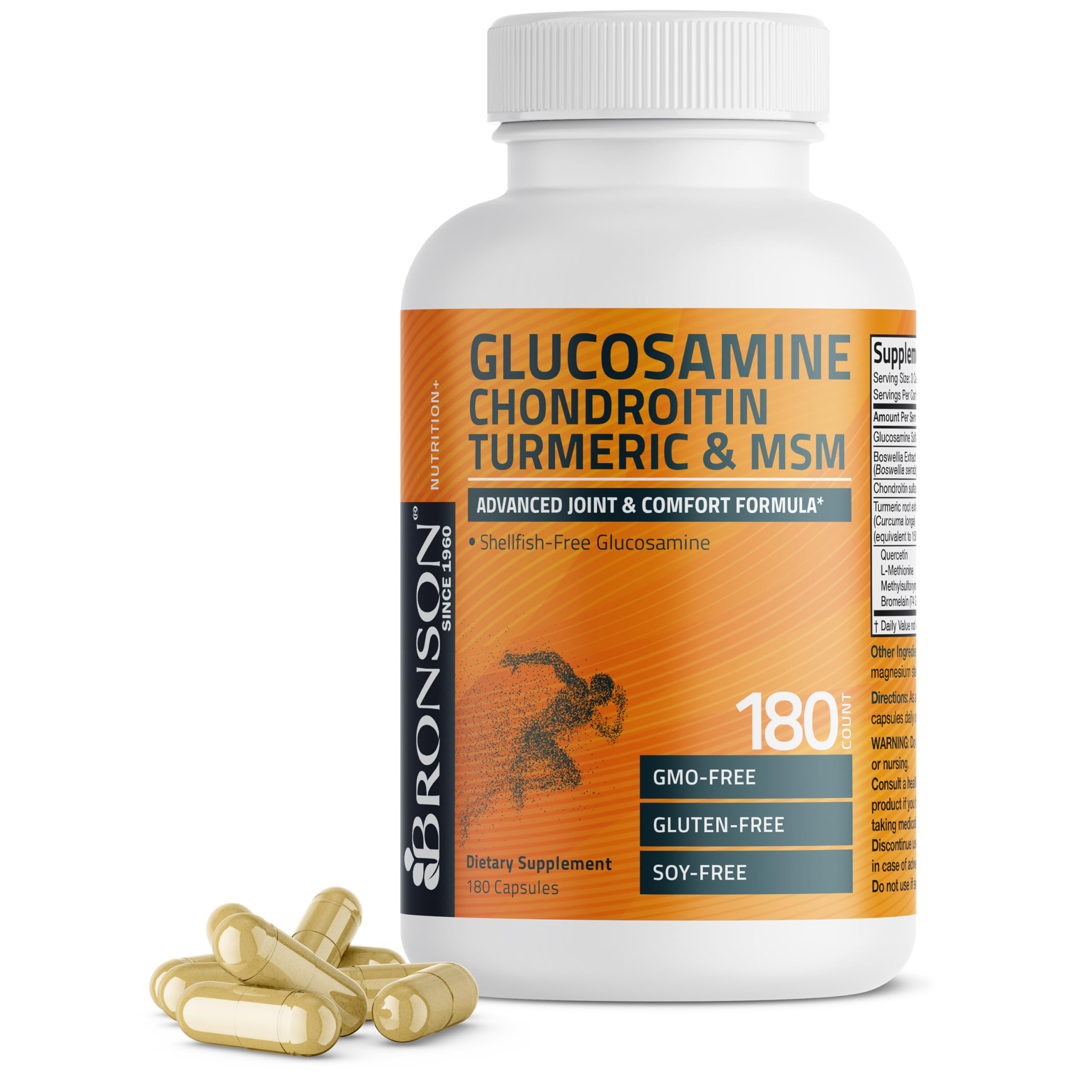 Bronson glucosamine chondroitin turmeric & msm bottle label, highlighting joint comfort support.