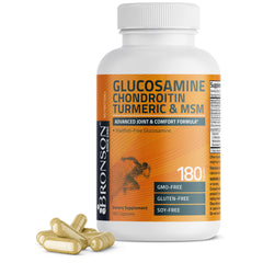 Bronson glucosamine chondroitin turmeric & msm bottle label, highlighting joint comfort support.