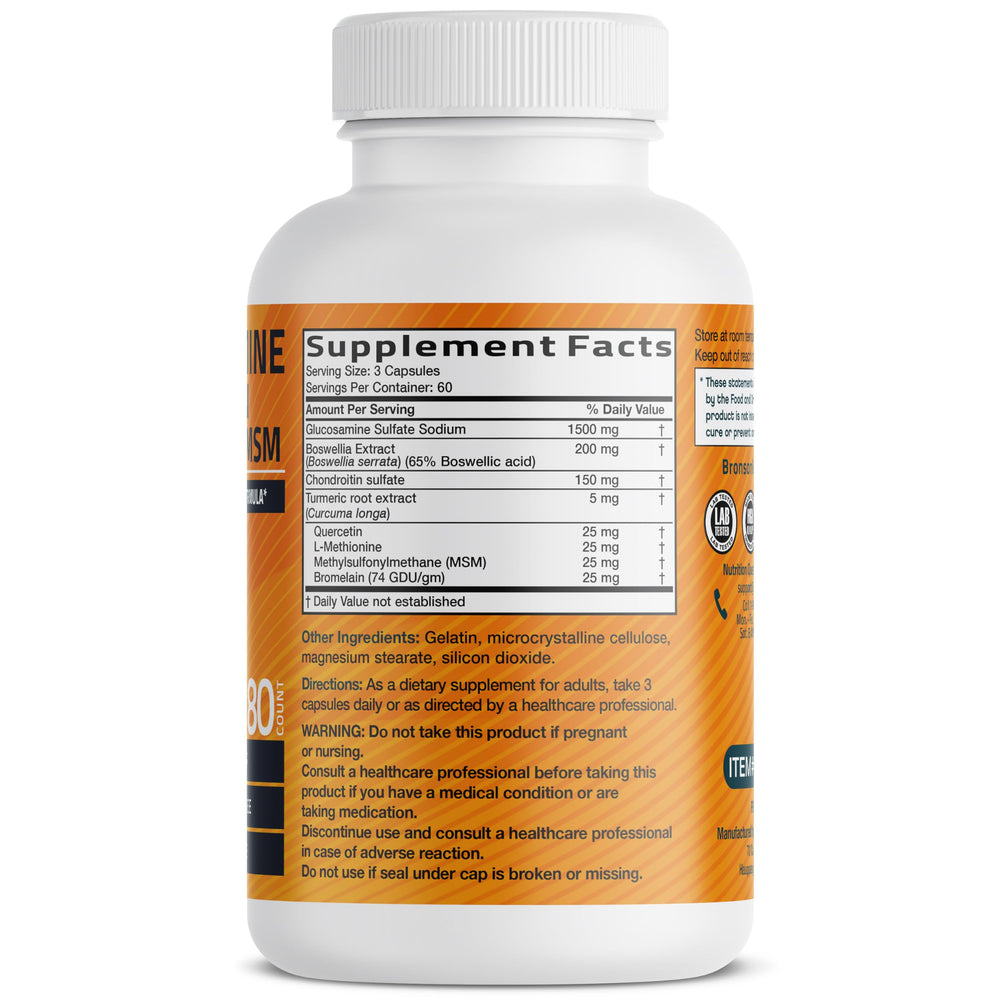Bronson glucosamine chondroitin turmeric & msm capsules aligned for daily use.
