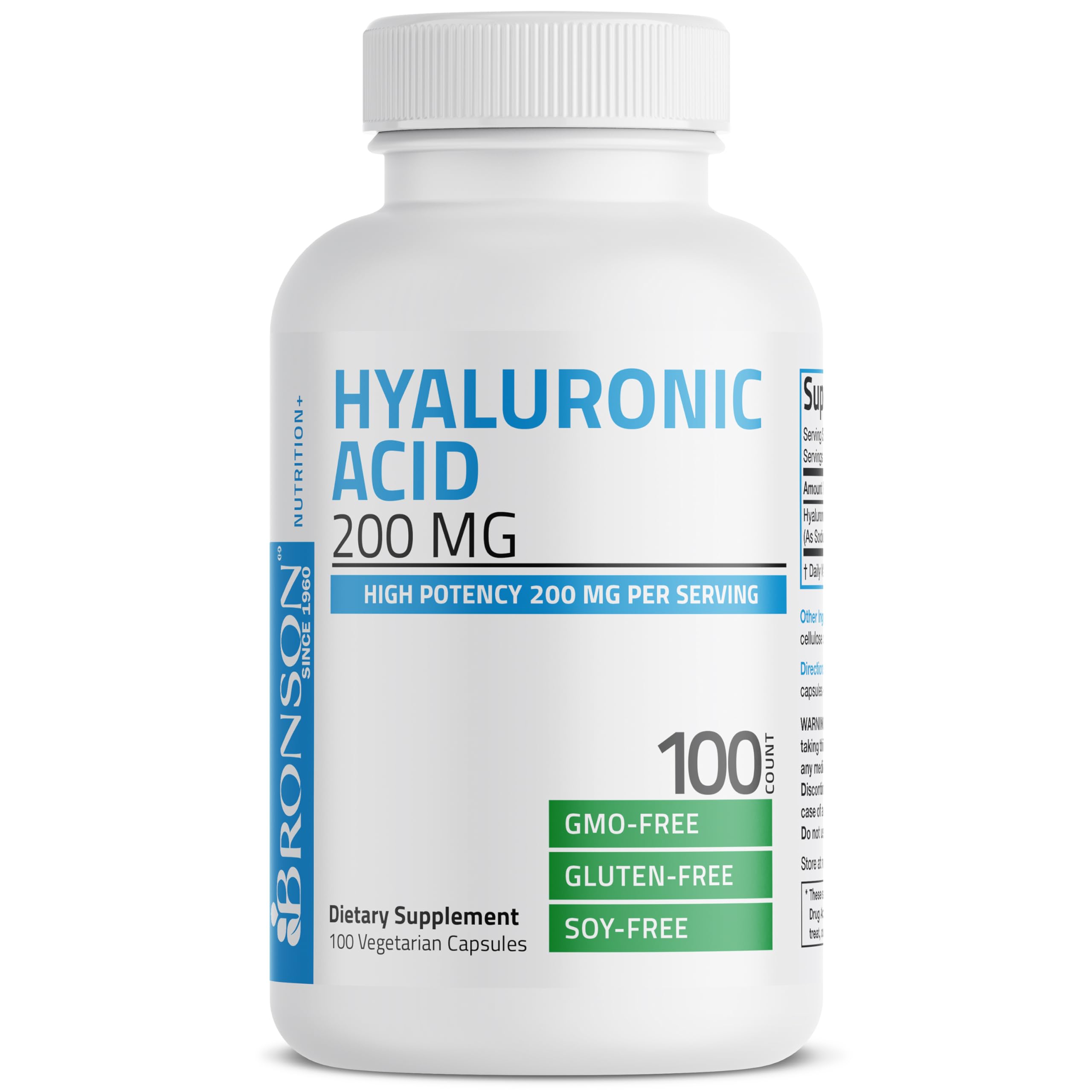 Bronson Hyaluronic Acid 200mg bottle on wood surface suggesting daily routine.