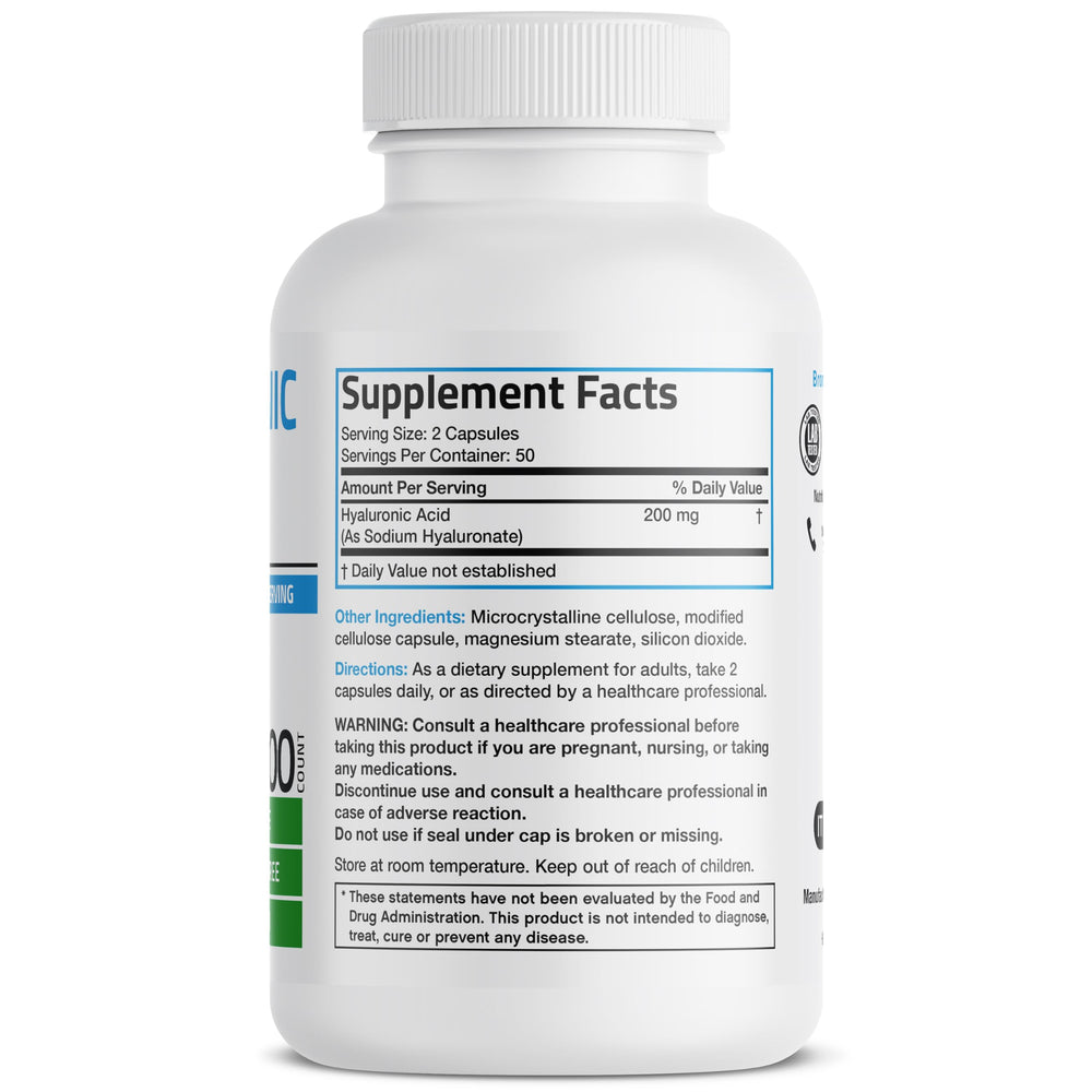 Bronson Hyaluronic Acid 200mg capsules closeup highlighting capsule texture and use.