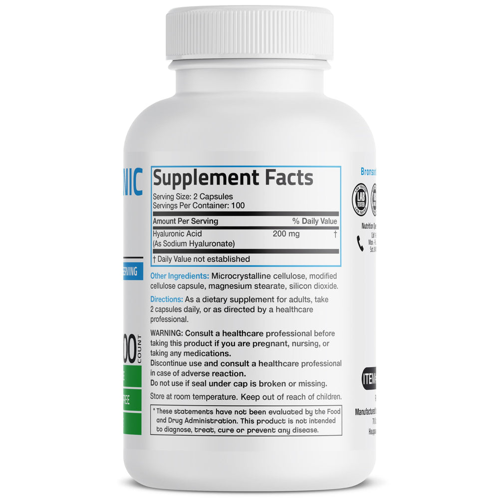 Bronson Hyaluronic Acid capsules close-up for convenient daily supplementation.