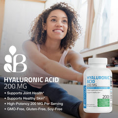Bronson Hyaluronic Acid label view shows non-GMO, gluten-free, soy-free claims.
