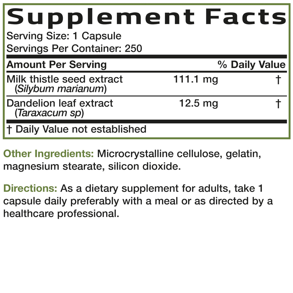 Bronson ingredients list highlights Milk Thistle and Dandelion blend.