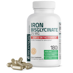 Bronson Iron Bisglycinate 25 mg bottle front view, gentle on the stomach.