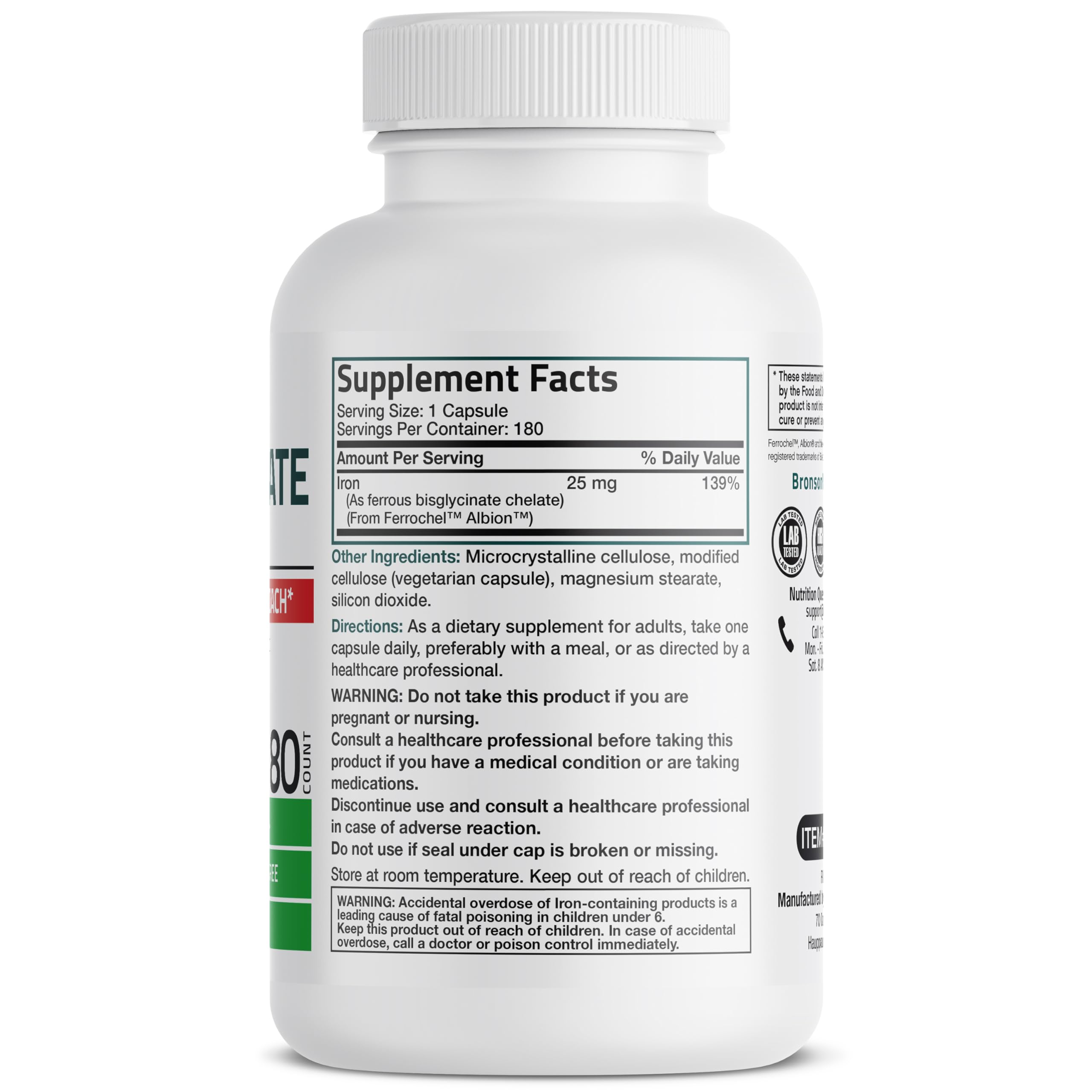 Close-up of Bronson Iron Bisglycinate 25 mg capsules.