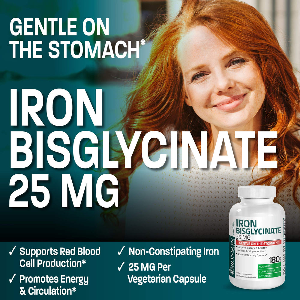 Label close-up showing non-GMO and gluten-free notes for Bronson Iron Bisglycinate.