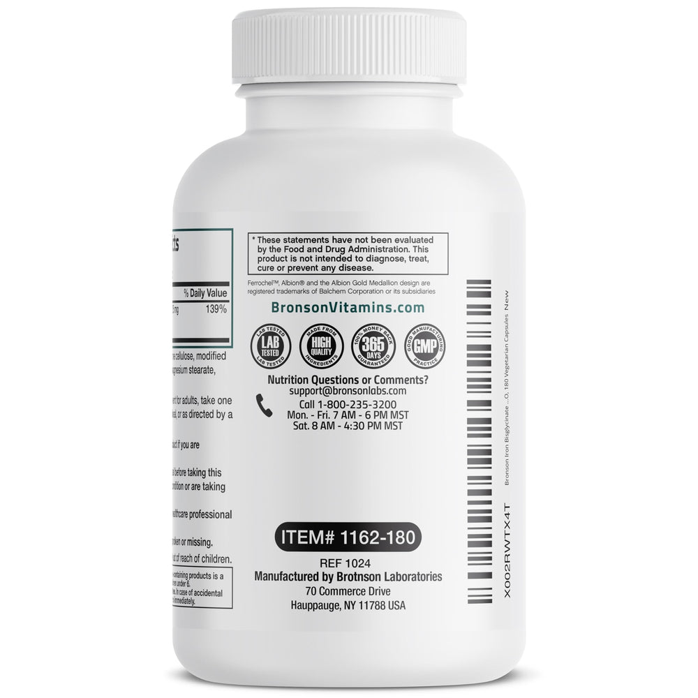 Bronson Iron Bisglycinate vegetarian capsules on a clean surface.
