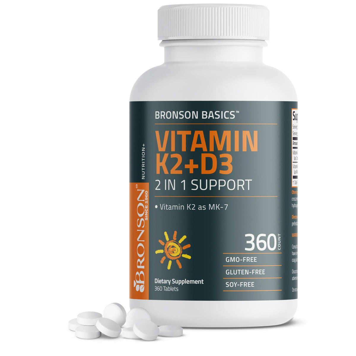 Bronson K2 D3 MK-7 bottle front view showing 360-tablet yearly supply for daily wellness