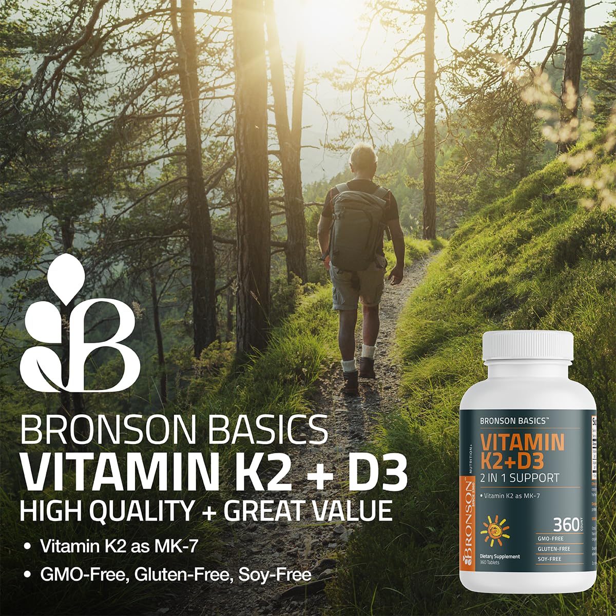 Side view of Bronson K2 D3 MK-7 bottle in a compact package