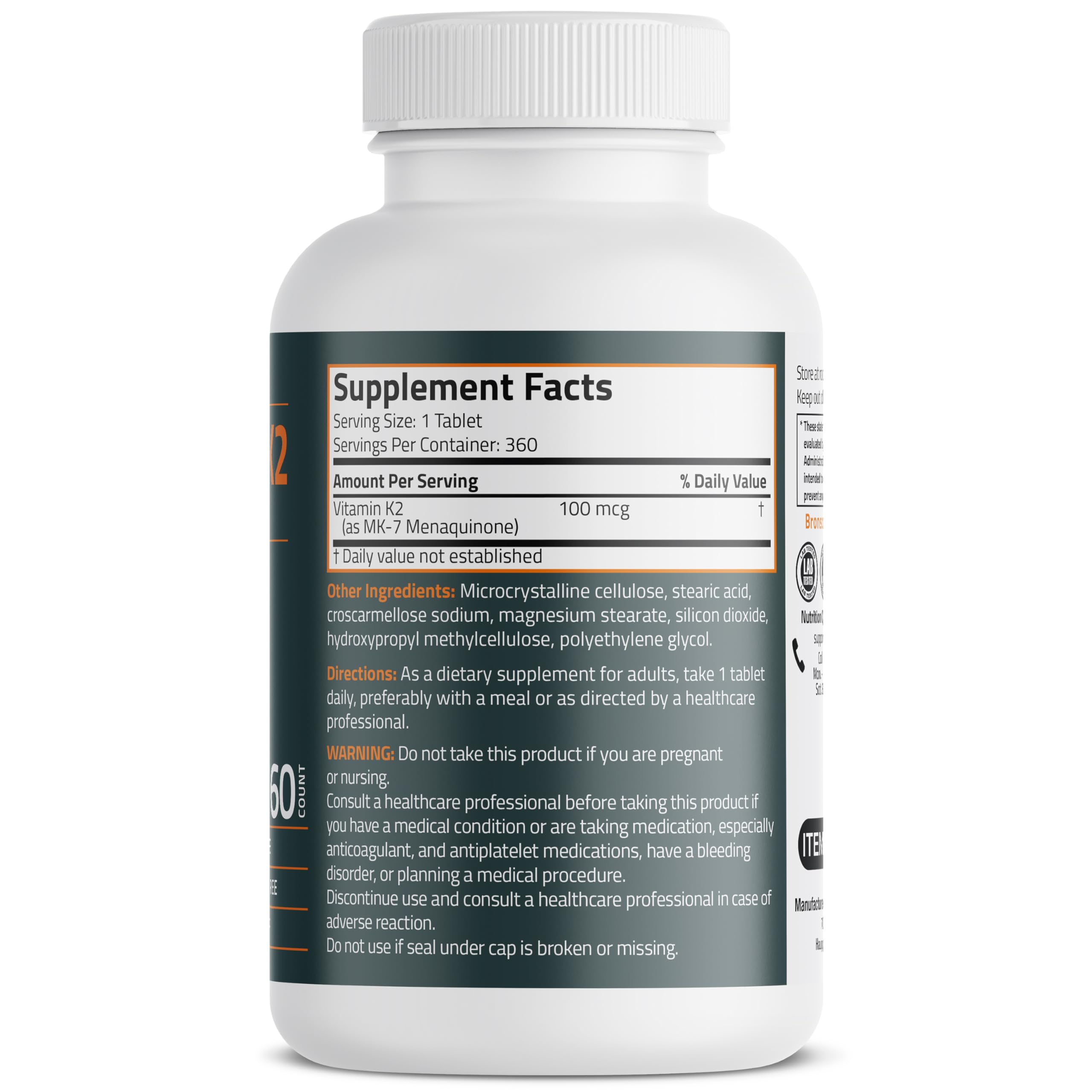Bronson K2 MK-7 capsules in a bottle close-up for easy daily use.