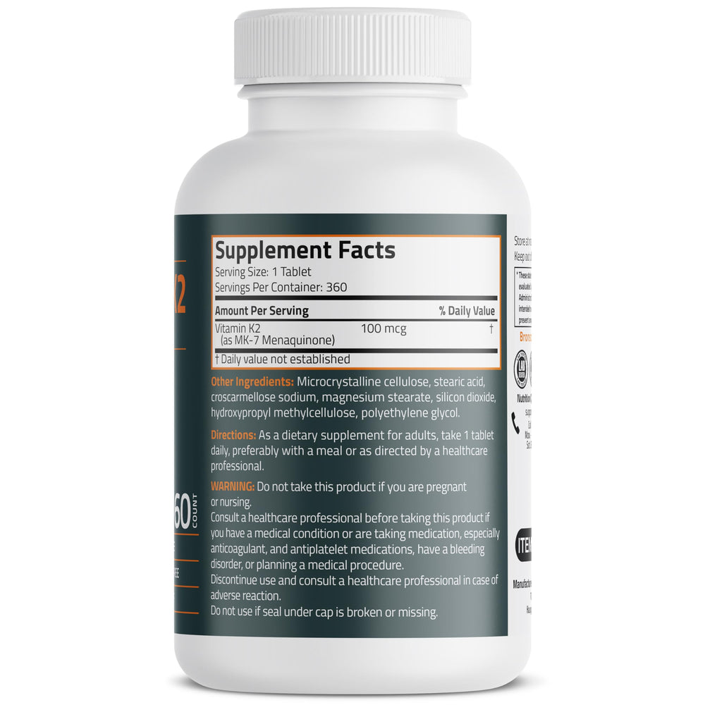 Bronson K2 MK-7 capsules in a bottle close-up for easy daily use.