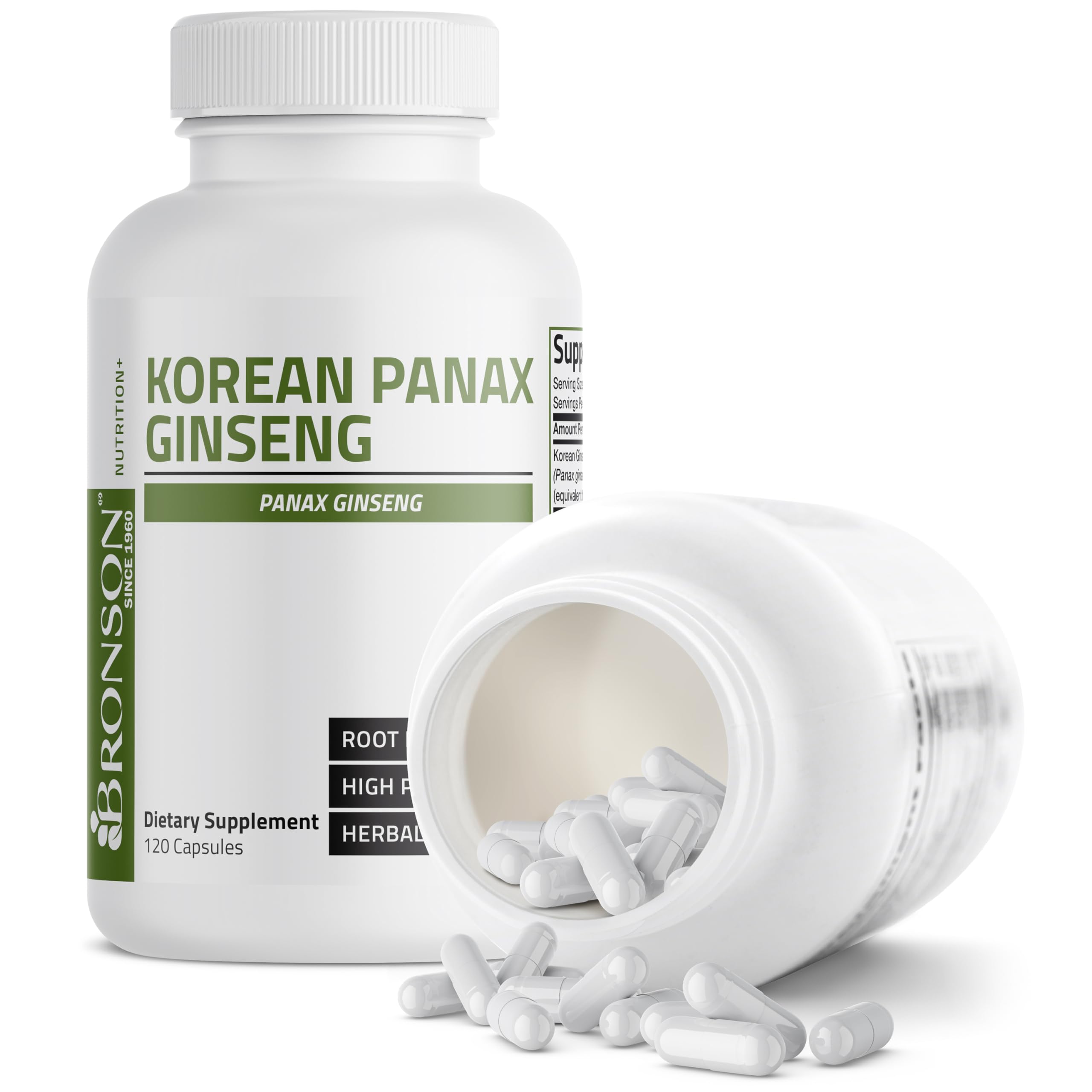 Bronson Korean Panax Ginseng bottle open view with capsules ready