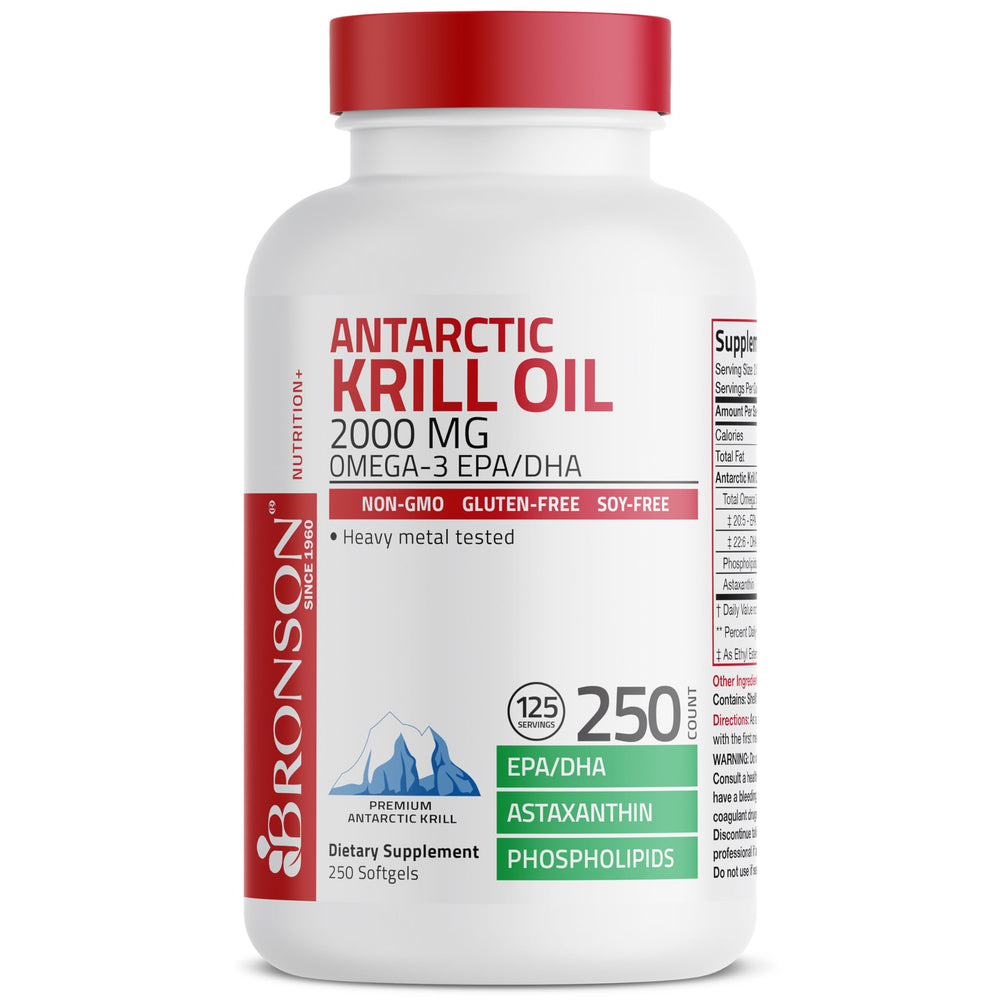 Bronson Krill Oil lab tested label emphasizes heavy metals screening for purity.