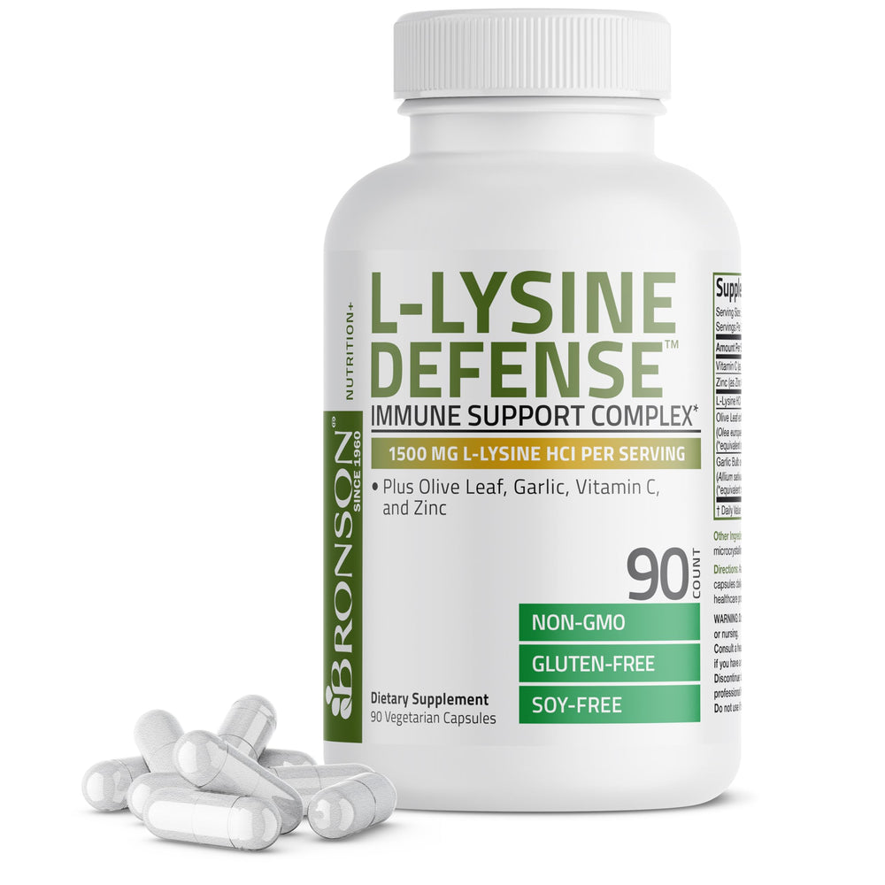 Bronson L-Lysine Defense bottle front showing portable immune support.