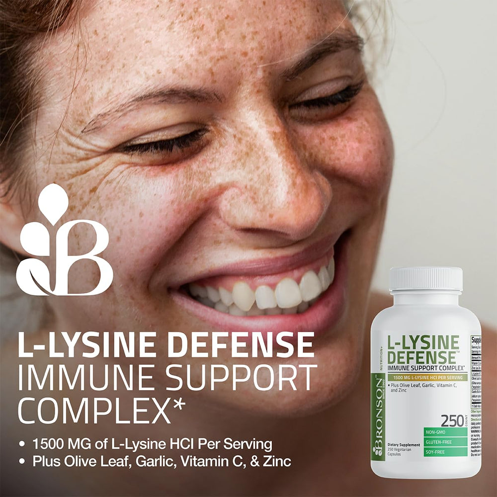 Bronson L-Lysine Defense capsules closeup for convenient daily use.