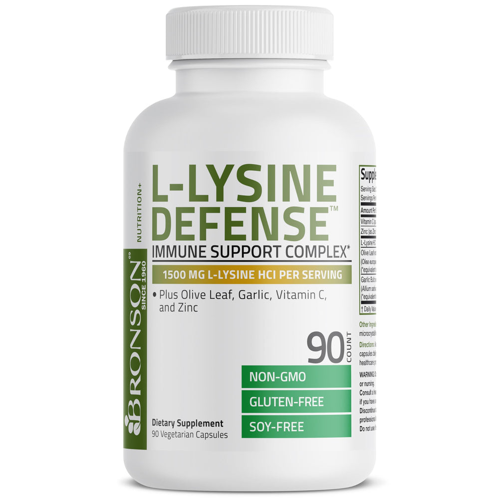 Bronson L-Lysine Defense vitamin C and zinc icons emphasize daily nutrient replenishment.