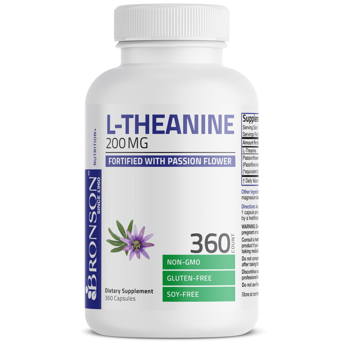 Bronson L-Theanine 200mg bottle label; calm focus support.
