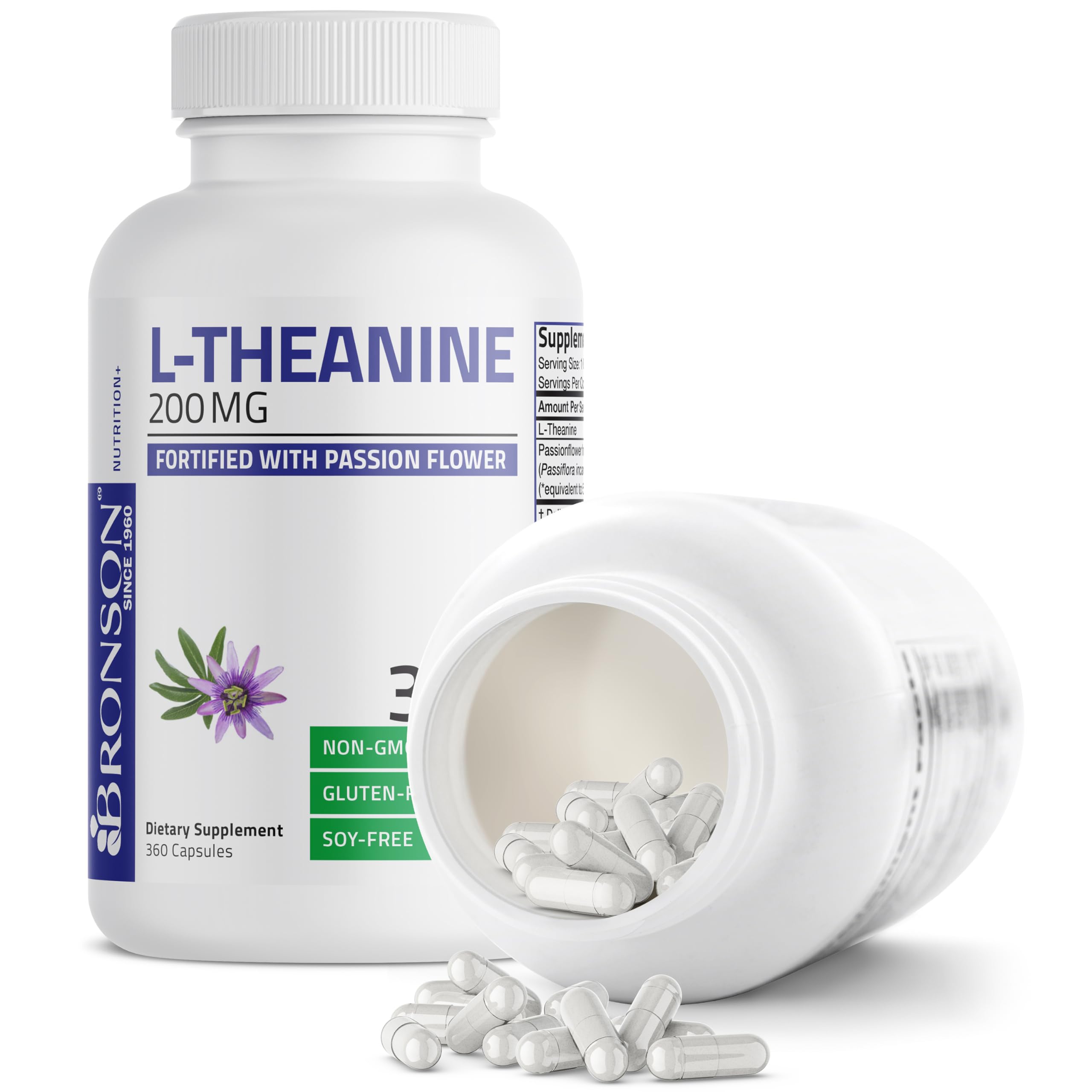 Bronson L-Theanine 200mg packaging back panel; GMO-free and gluten-free clarity.
