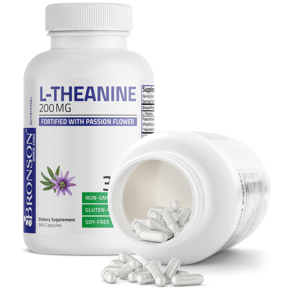 Bronson L-Theanine 200mg packaging back panel; GMO-free and gluten-free clarity.