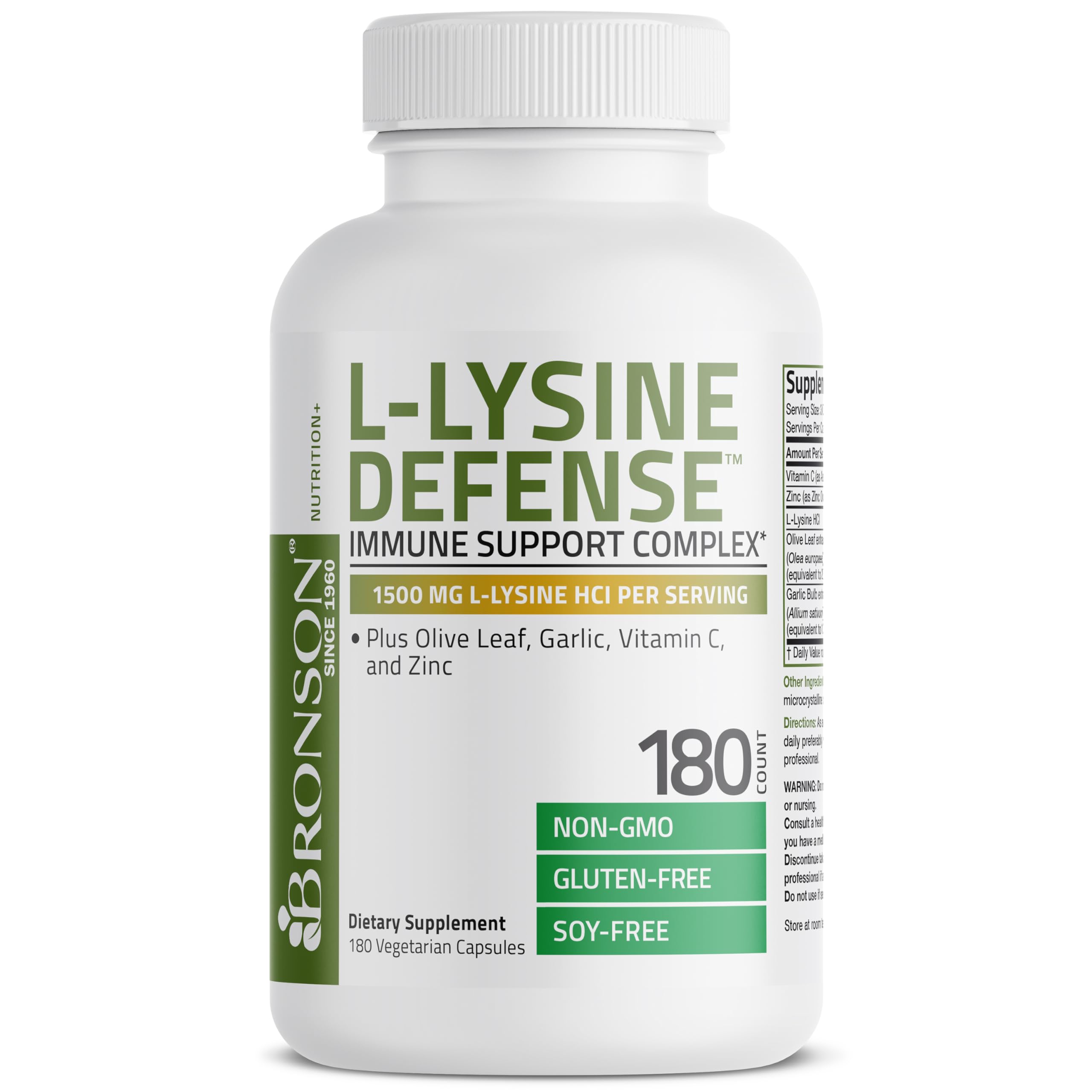 Bronson L-Lysine Defense capsules closeup hinting daily immune support.