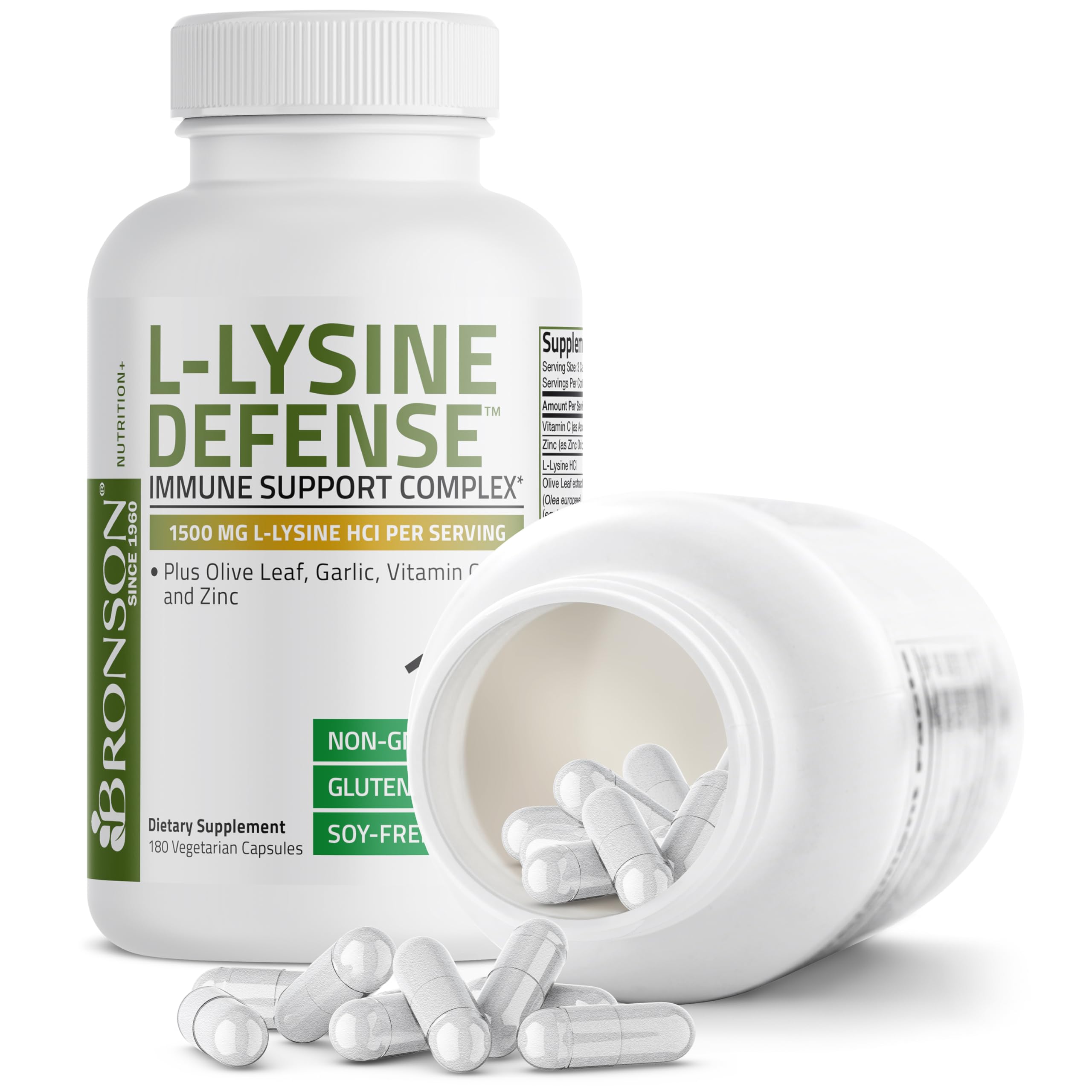 Bronson L-Lysine Defense ingredients panel indicating L-Lysine and natural add-ons.