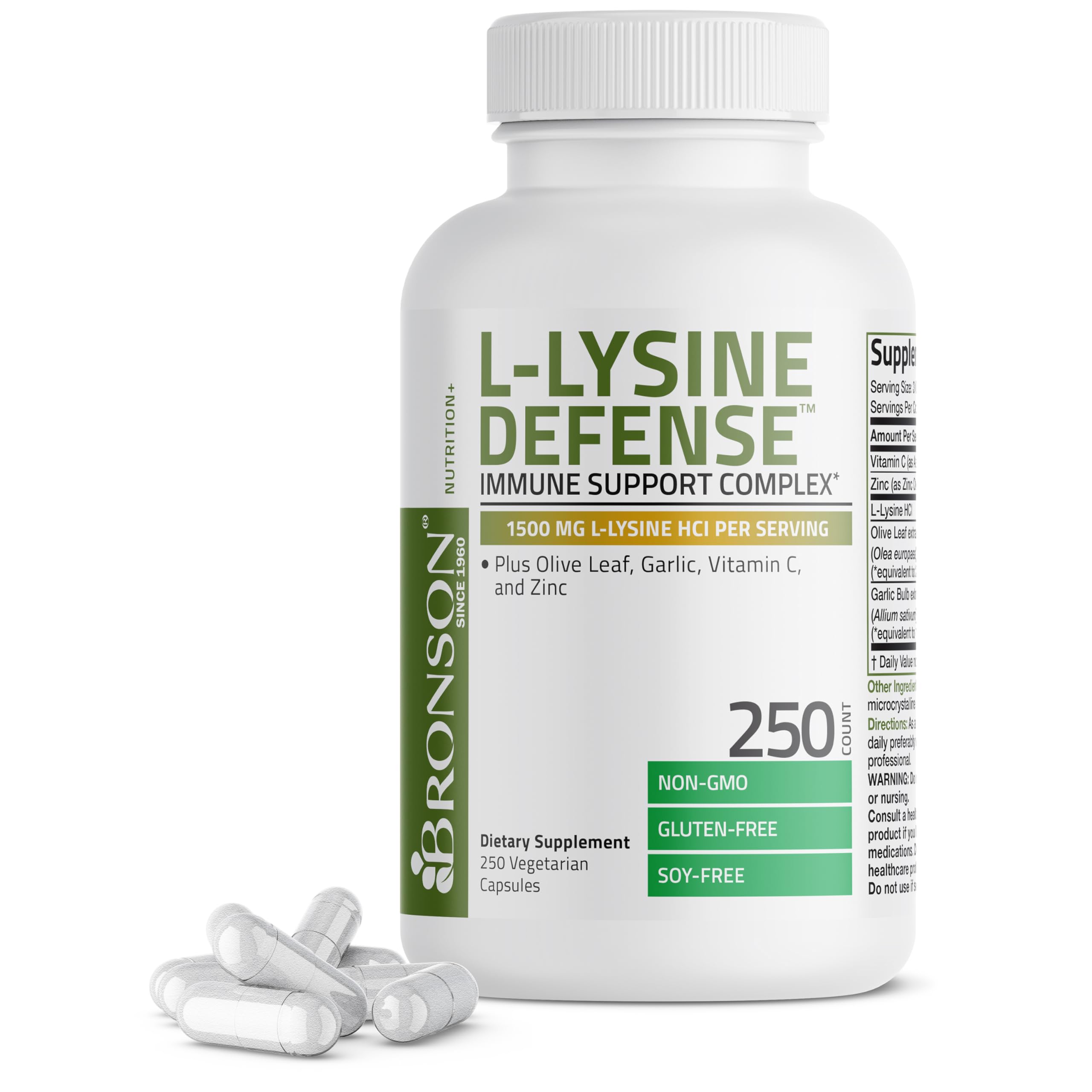 Bronson L-Lysine Defense bottle with capsules for daily immune support.