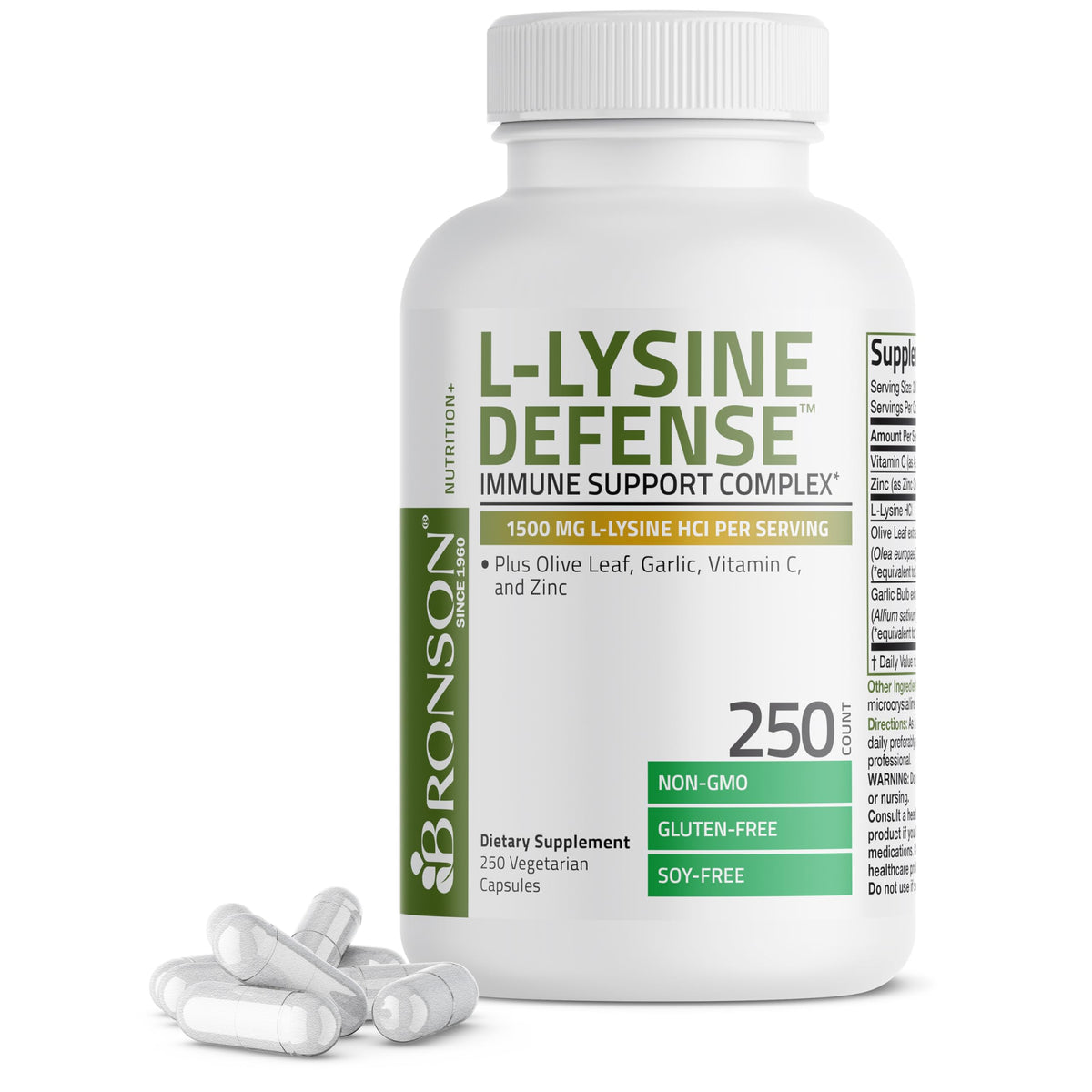 Bronson L-Lysine Defense bottle with capsules for daily immune support.