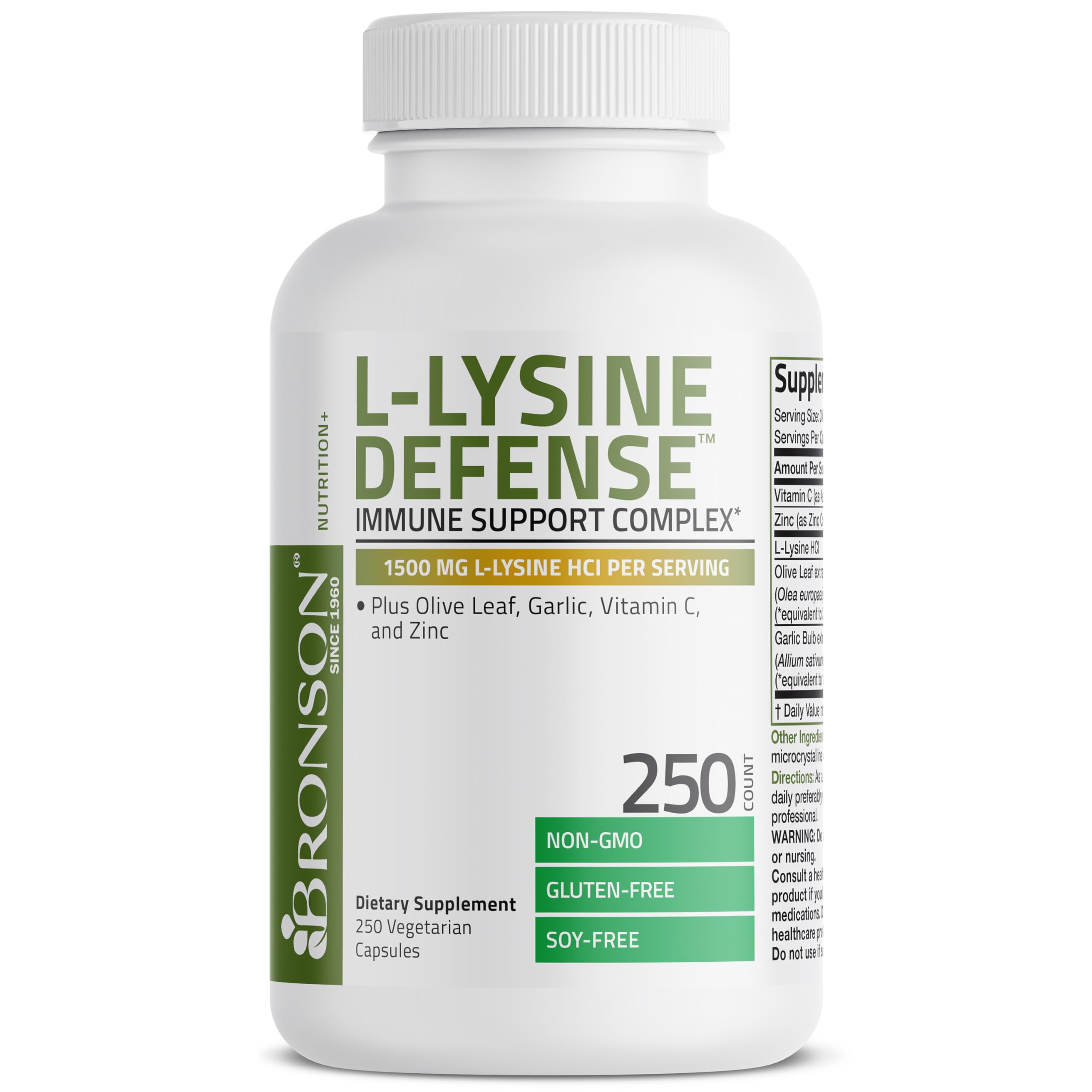 Bronson L-Lysine Defense capsules close-up highlighting non-GMO formulation.