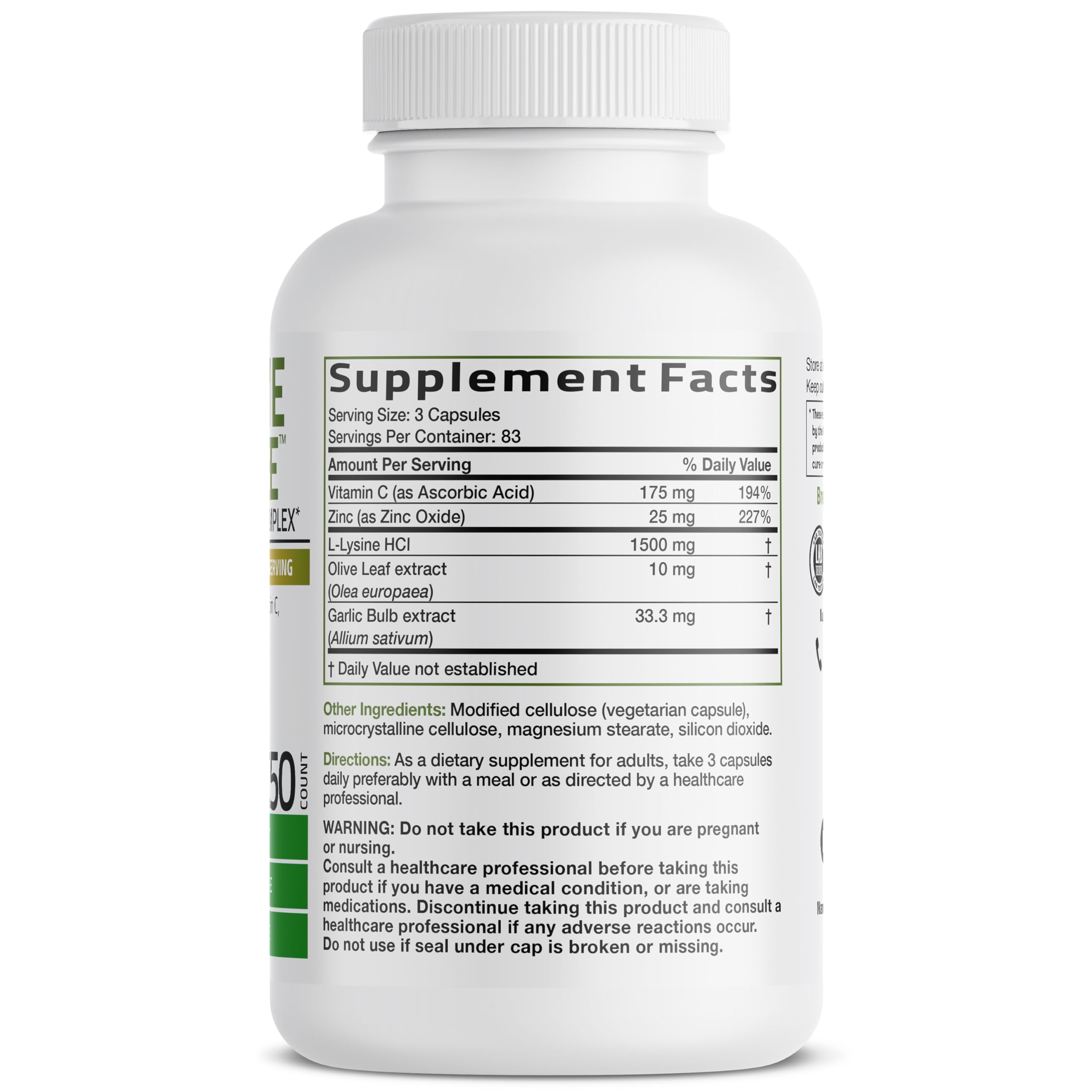 Bronson L-Lysine Defense beside olive leaves signaling natural ingredients.