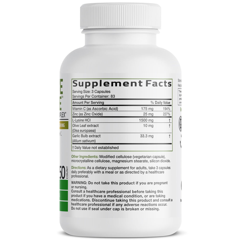 Bronson L-Lysine Defense beside olive leaves signaling natural ingredients.