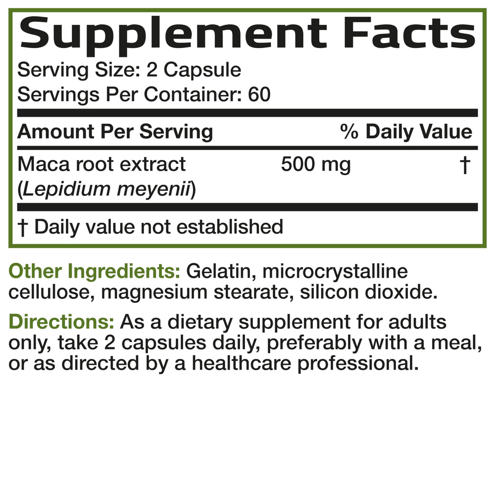 Bronson Maca Root bottle beside a plant for daily wellness.