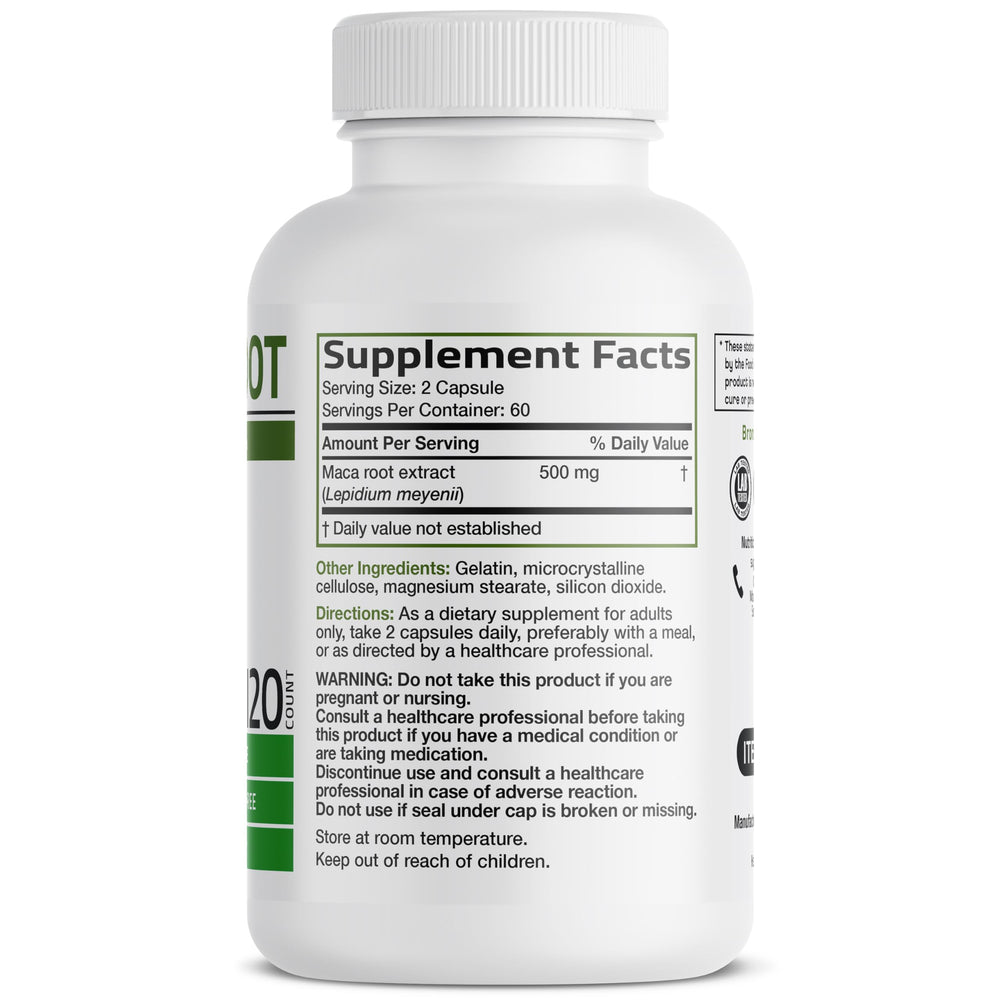 Bronson Maca Root capsules close-up for daily energy support.