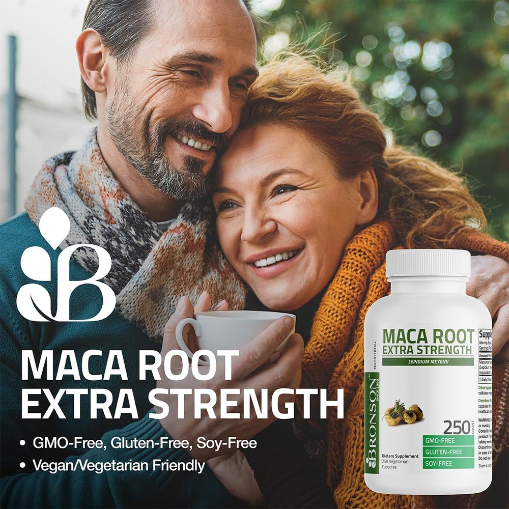 Bronson Maca Root Extra capsules close-up showing vegetarian capsules.