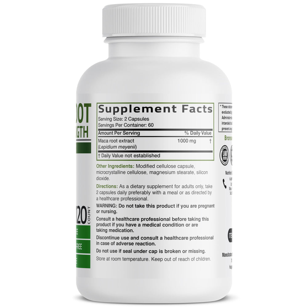 Bronson Maca Root Extra capsules close-up for convenient daily use.